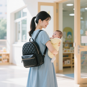 Nhà sản xuất tùy chỉnh chần PU Vegan da nhỏ gọn tã Túi ba lô tổ chức với gấp thay đổi Pad Xe đẩy Clip - Product Image 2
