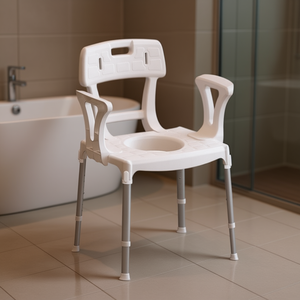 เก้าอี้นั่งขับถ่ายสีขาวพร้อมที่วางแขนและพนักพิงสำหรับอุปกรณ์ความปลอดภัยในห้องน้ำ - Product Image 3