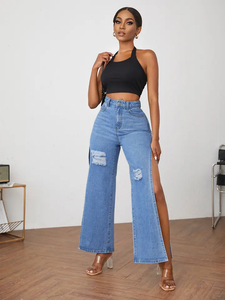 <span class=keywords><strong>Jeans</strong></span> blu di alta qualità di ultimo Design con fori e forchette <span class=keywords><strong>Jeans</strong></span> strappati da donna - Product Image 3