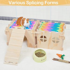 ZJH Lot de <span class=keywords><strong>2</strong></span> niches rustiques en bois de pin pour cochon d'Inde et lapin, avec escaliers et tapis doux pour furets, chinchillas et petits animaux - Product Image 4