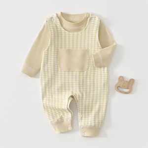 Conjunto de overoles para bebé, mono de manga larga a cuadros amarillos, traje unisex de otoño para niños pequeños - Product Image 1
