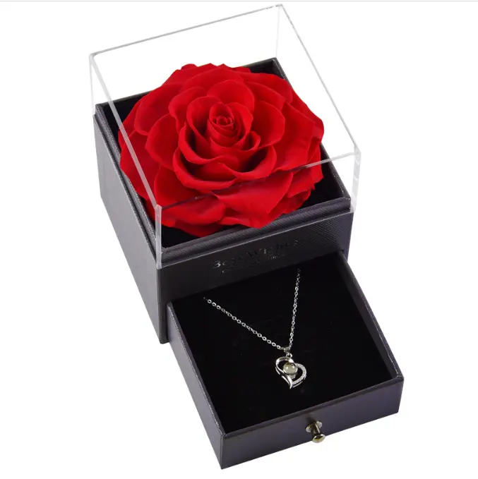 Red Enchanted Eternal Rose 100 Languages Acrylic Jewelry Box Flower Gifts Preserved Real Rose For Valentine Day Wedding Gift