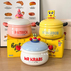 Dibujos animados <span class=keywords><strong>Bob</strong></span> <span class=keywords><strong>Esponja</strong></span> cerámica porcelana gran capacidad fideos sopa cuencos tapa doble oreja ecológico lavavajillas palillos seguros - Product Image 1