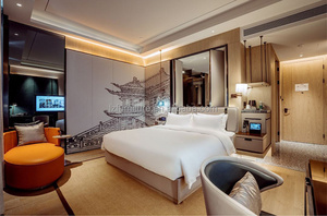 ชุดเฟอร์นิเจอร์ห้องพักโรงแรม 3 ดาว แบบเตียงคู่ ราคาโรงงานแข่งขันได้ เฟอร์นิเจอร์ห้องนอน เตียงหุ้มเบาะคู่ พร้อมโต๊ะข้างเตียง - Product Image 2