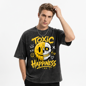 Toxic Happiness <b>Skull</b> Print <b>Men's</b> Oversized Short Sleeve T-<b>Shirt</b> Street Style O-Neck Cotton Jersey Fit - Product Image 1
