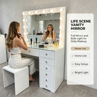 Ensemble de coiffeuse de maquillage grand format noir pas cher avec plateau en verre et miroir de maquillage à LED, organisateur, coiffeuse