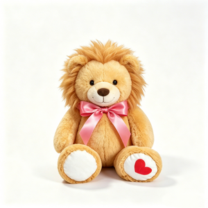 Peluche lion personnalisée avec nœud rose, jouet en peluche lion, adorable peluche lion, animal en peluche lion avec patte en forme de cœur - Product Image 1