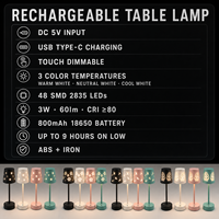 Lampe de table rechargeable à intensité variable par toucher, motif étoile découpée, ABS+Fer, USB-C, 3 températures de couleur, veilleuse de chevet, cadeau