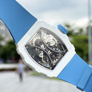 Montre mécanique squelette de luxe en forme de tonneau pour homme, automatique, style double tourbillon, avec bracelet en caoutchouc bleu - Product Image 5