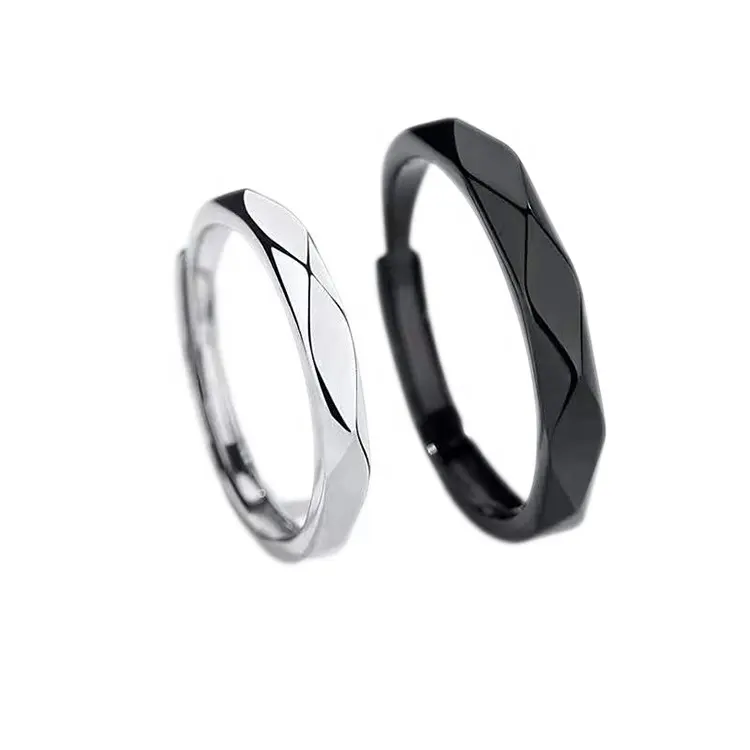 Black Men Ring And Silver Women Ring Diamond Cut Promise Ring For Couples
