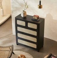 Commode moderne noire en rotin à 5 tiroirs avec façades tressées, meuble de rangement en bois, vente en gros pour chambre et salon