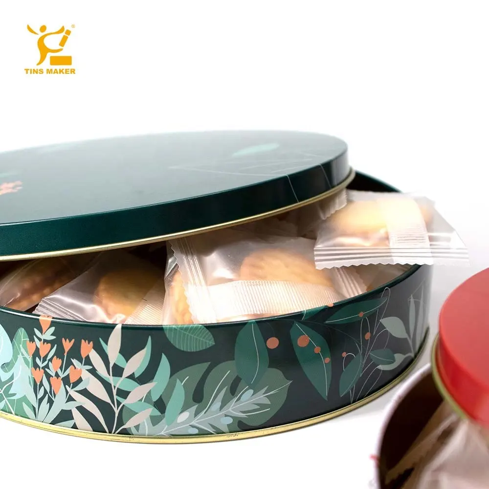 Caja de lata redonda de Metal personalizada, recipiente de lata de Metal para galletas navideñas, bodas, dulces, caja de regalo con mango de logotipo, OEM