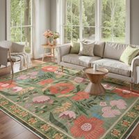Tapis lavable 8x10, tapis doux à fleurs vertes pour salon intérieur, grand tapis à poils ras doux à motifs floraux pour salle de jeux enfants