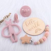 Coffret Cadeau de Jouets de Dentition en Silicone pour Bébé, Chaîne Attache-Sucette en Bois Étoile, Anneau de Dentition Doux Lapin Éléphant, Cadeau de Naissance pour Nouveau-né