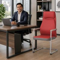 Chaise de réunion moderne rouge, kaki, noire, dossier haut, en cuir PU, avec accoudoirs métalliques intégrés