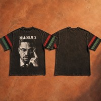 T-shirt vintage délavé pour homme 100 % coton avec portrait de Malcolm X et imprimé drapeau pan-africain sur les manches, coupe droite style hip-hop