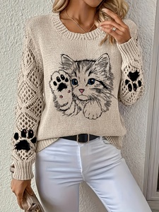<strong>Women's</strong> Breathable Elegant Kitten Graphic Knit Sweater Crew Neck Pointelle Mesh 100% Polyester Digital Cat <strong>Jumper</strong> 300g - Product Image 4