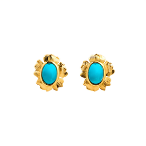 Fashion <b>Stud</b> <b>Earrings</b> PVD Gold Plated 316L Stainless Steel Sustainable Resistant Oval <b>Turquoise</b> Stone Design - Product Image 2