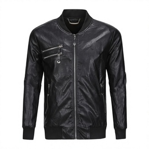 <b>Men</b> Leather Jacket Stand Collar <b>Zip</b> Up Bomber Style Water Resistant Windproof Casual Outerwear Custom Logo - Product Image 4