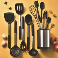 Ensemble de 12 ustensiles de cuisine en silicone résistant à la chaleur avec support, antiadhésifs, comprenant spatules et louches