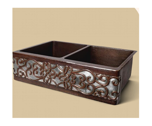 Évier de cuisine rustique moderne en cuivre massif, à tablier, à cuve unique profonde, finition patine antique cuivre foncé - Product Image 1