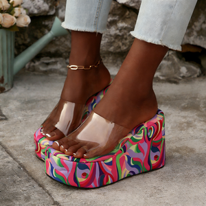 Sandales compensées à plateforme rayées colorées pour femmes, à bride transparente, à enfiler, à talon épais, style mules, chaussures de plage d'été - Product Image 4