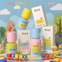 Collection de soins pour enfants imprimée UV de la marque Factory Risa, flacons en plastique recyclables à pompe sans air de 50 ml, 80 ml et 25 ml