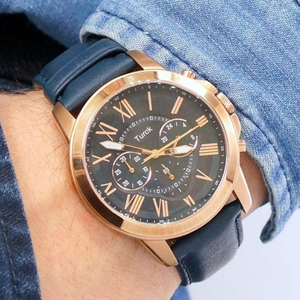 Montre chronographe de luxe pour hommes Fossill FS4835, boîtier en acier inoxydable étanche 50M, bracelet en cuir bleu, vente en gros - Product Image 3