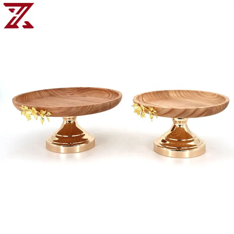 Hot Selling Round Wooden Cake Stand With Metal Base Dessert Pedestal Display Stand For Home Decoration