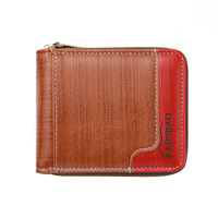 Dompet Pria Gaya Retro Eropa Amerika dengan Patchwork Kulit PU Horizontal, Blok Warna, Resleting, Panjang Pendek, dan Slot Multi-Kartu.