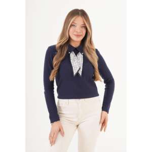 Wholesale Chic Navy Blue Blouse Ruffled <b>Scarf</b> Collar Floral Pattern Daily Fashion Casual XS XL Cotton <b>Chiffon</b> Knitted Button - Product Image 3