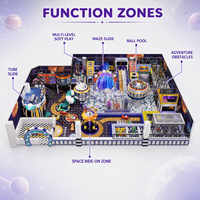 Équipement de terrain de jeu intérieur pour enfants sur le thème de la ville spatiale, avec piscine à balles, labyrinthe, toboggan et obstacles d'aventure