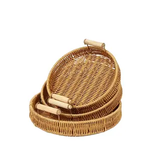 Home Kitchen Hand Woven PP Rattan Bread Basket Tabletop Fruit Vegetables Storage Basket with Handle Round Storage Tray