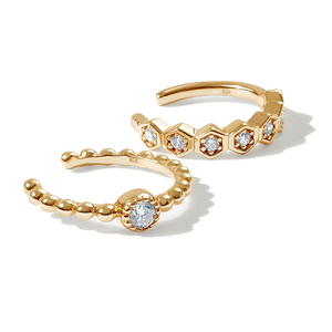Gemnel Fine Jewelry Gold Plated Bead Diamond Alveole Cuff Earring Set - Product Image 1