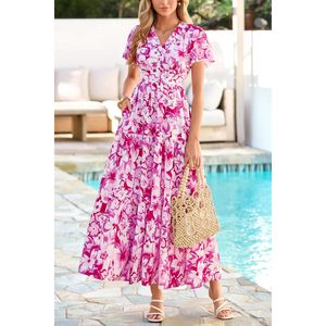 Women Summer <b>Maxi</b> Dress Short Sleeve V Neck Floral Tiered Boho A-Line Flowy Breathable Casual Beach Outfit - Product Image 2