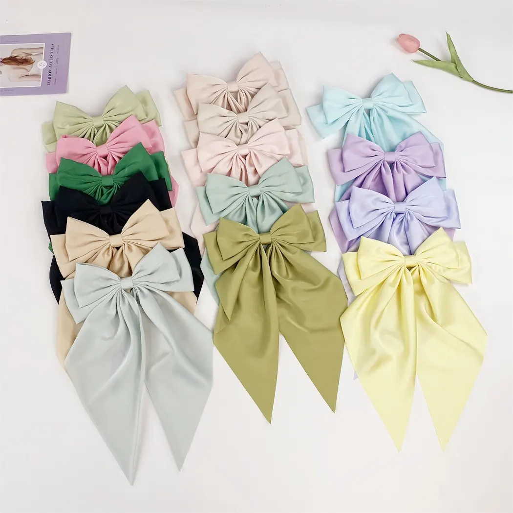 New Design Silky Satin Bow Hair Clips Long Tail Bows Clip for Girls Women Large Solid Hair Bows Hairpin
