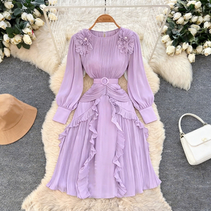 <span class=keywords><strong>Robe</strong></span> <span class=keywords><strong>longue</strong></span> plissée élégante pour femmes de bureau, ceinturée, coupe trapèze, unie, taille empire, grande taille, style <span class=keywords><strong>africain</strong></span>, pour les fêtes printemps-automne - Product Image 1