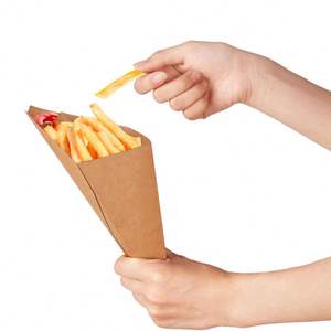 Caja de Embalaje de Papel Kraft Antigrasa para Papas Fritas en Forma de Cono, con Espacio para Condimentos, Personalizable al por Mayor - Product Image 3