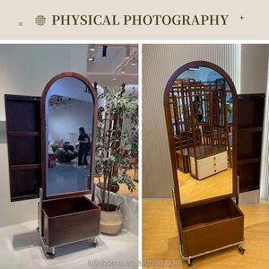 Moderner Eschenholz-Ganzkörperspiegel mit Ablagefächern Mobiler Kleiderorganizer Drehbarer Ankleidespiegel für Wohnzimmer - Product Image 5