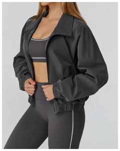 <b>Women</b> S <b>Long</b> <b>Sleeves</b> Loose Stand Neck <b>Sports</b> Jacket Full Zipper Elastic Waist <b>Top</b> Side Pockets Windproof Outdoor Gym 2-Piece Set - Product Image 2