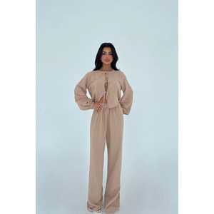 Pantalon de costume beige à nouer pour femme, ensemble élégant - Product Image 3