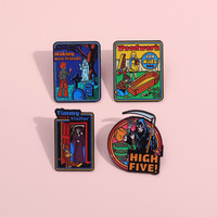 Épinglette en alliage de zinc plaqué or, motif crâne de dessin animé créatif d'Halloween, avec éléments colorés en bois de cercueil, motif High Five, épouvantail et Grim Reaper