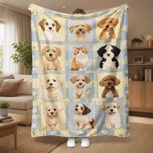 Cream Plaid Puppy Patchwork Flannel Blanket Throw Blanket Nap Blanket <b>Machine</b> Washable Fade Resistant for Bed Sofa Couch - Product Image 2