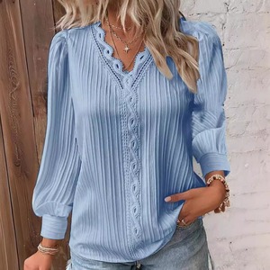 Camicette in pizzo slim fit da <span class=keywords><strong>donna</strong></span> a maniche lunghe con scollo a V, tinta unita, <span class=keywords><strong>taglie</strong></span> <span class=keywords><strong>forti</strong></span>, <span class=keywords><strong>abbigliamento</strong></span> femminile - Articolo caldo del momento - Product Image 3