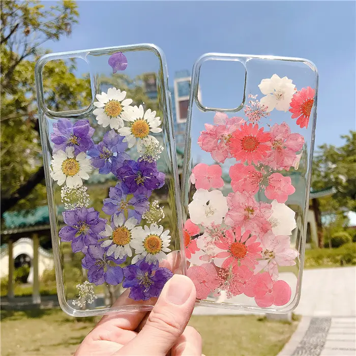 Coque de téléphone transparente à fleurs sèches mignonnes pour iPhone 13 14 Pro Max, étui de téléphone en TPU à fleurs réelles pressées à la main pour iPhone 12 Pro