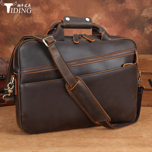 Tiding Genuine Leather Business <b>Briefcase</b> 15.6 Inch Laptop Bag Men's Shoulder Bag Dark Brown Durable Top Layer Cowhide - Product Image 1