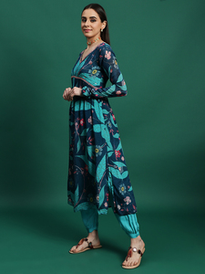 ชุดเดรส Anarkali Kurta สีน้ำเงินสำหรับผู้หญิง ตกแต่งด้วยงานปัก ผ้าเครป คอวี พร้อมกางเกงและผ้าคลุมไหล่ ชุดลำลองฤดูร้อน สไตล์หรูหรา ซักเครื่องได้ - Product Image 2