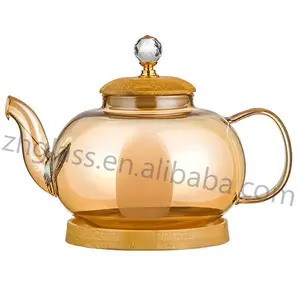 定制手工玻璃茶具琥珀圆形茶壶带竹盖水晶珠带竹托盘