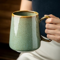 Tasse rétro à effet de four, grande capacité, style américain, en céramique, compatible micro-ondes, motif dégradé, tasse à eau et petit-déjeuner avec couvercle et cuillère, 700 ml