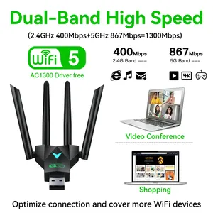 600Mbps/1300Mbps <span class=keywords><strong>Wifi</strong></span> <span class=keywords><strong>USB</strong></span> <span class=keywords><strong>Adapter</strong></span> Dual Band 2.4G/5GHz USB3.0 tốc độ cao 802.11ac 4-Anten thu không dây điều khiển miễn phí - Product Image 4